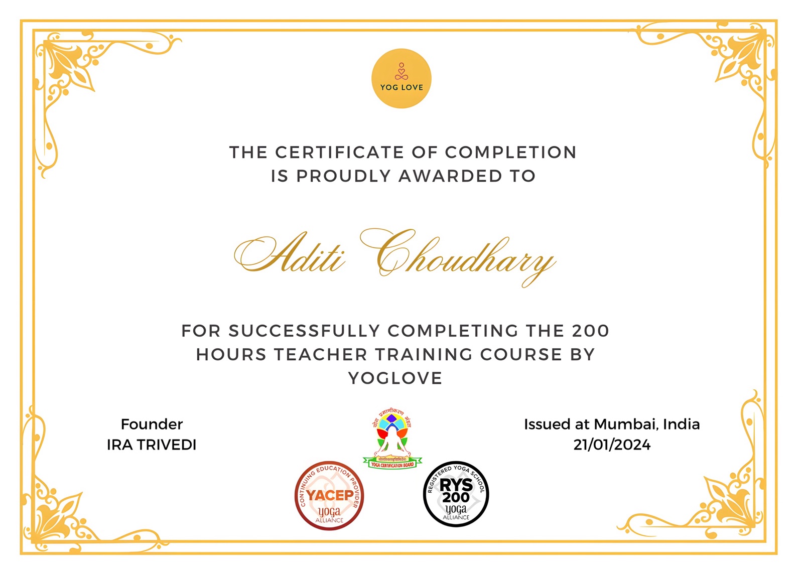 Yog Love 200-hour completion certificate