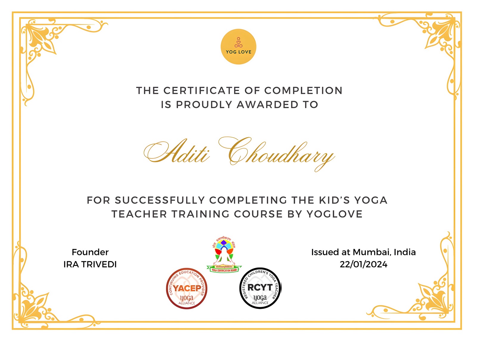 Yog Love kids yoga completion certificate