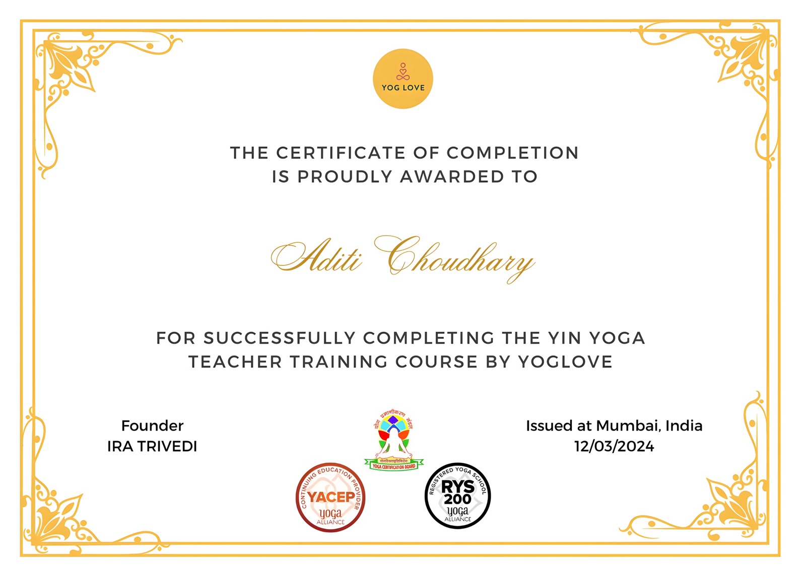Yog Love Yin Yoga completion certificate